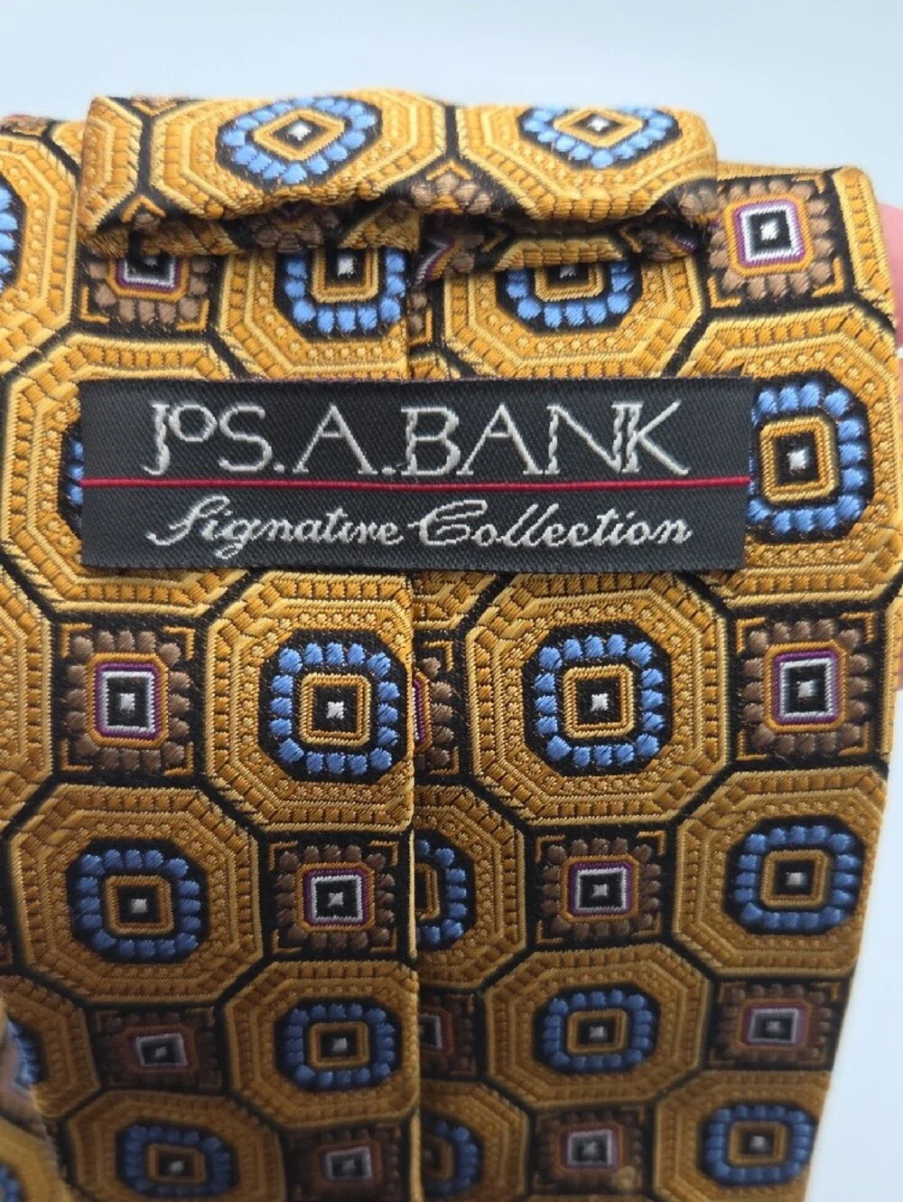 Jos. A. Bank Signature Collection Gold Geometric Silk Tie with Blue Accents